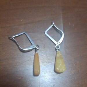 Vintage Silver and Tan Drop Earrings Yellow Jade Gem Stone Handmade